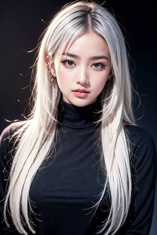 1girl, black background, black eyes, black shirt, black sweater, closed mouth, grey eyes, lips, long hair, long sleeves, looking at viewer, makeup, messy hair, nose, realistic, red lips, shirt, simple background, solo, sweater, turtleneck, turtleneck sweater, upper body, white hair