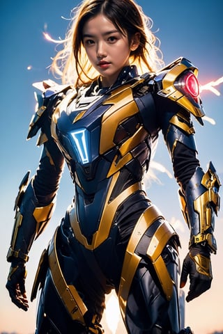 masterpiece,best quality,full details,(cybermech bodysuit:0.9),(simple background:1.2),saibo,armor,lightning art,