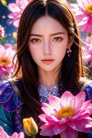 1girl, closed mouth, grey eyes, lips, long hair, long sleeves, looking at viewer, flower, extremely high quality high detail RAW color photo, crystal flower, intricate crystal patterns, translucent petals, prismatic light refraction, sharp, precise edges, detailed textures, luminous glow,