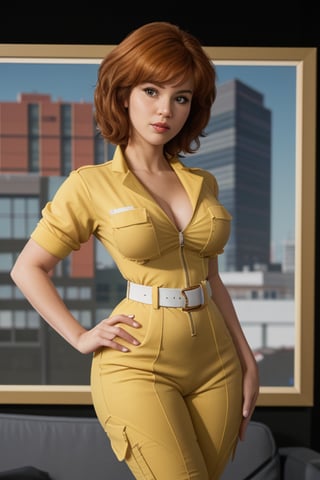 April O'Neill stands confidently with her upper body prominent, showcasing her toned physique. She wears a bright yellow jumpsuit with rolled-up sleeves, accentuating her arms and shoulders. A sleek white belt cinches at her waist, highlighting her curves. Her short brown hair is styled to perfection, framing her striking black eyes that seem to pierce through the camera lens.,CARTOON_April_ONeil_TMNT_ownwaifu,april o'neil