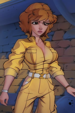 absurdres, april o'neil, 1girl, short brown hair, black eyes, upper body, yellow very tight jumpsuit, sleeves rolled up, white belt 