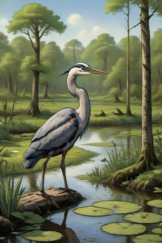 a heron in a swamp full in spring 
