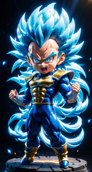 (a screaming vegeta super saiyan 3 in Dragon Ball ), with glowing very long blue hairs, flying in air small and cute, (eye color switch), (bright and clear eyes), anime style, depth of field, lighting cinematic lighting, divine rays, ray tracing, reflected light, glow light, side view, close up, masterpiece, best quality, high resolution, super detailed, high resolution surgery precise resolution, UHD, skin texture,full_body,chibi
