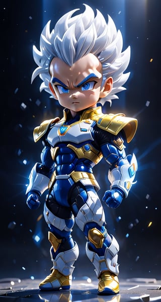 ( Vegeta from dragon ball), small and cute, (eye color switch), (bright and clear eyes), (cyber chest armor), (no helmet), (white and yellow chest), (blue pants), (white gloves), (white boots), (black hair), anime style, depth of field, lighting cinematic lighting, divine rays, ray tracing, reflected light, glow light, side view, close up, masterpiece, best quality, high resolution, super detailed, high resolution surgery precise resolution, UHD, skin texture,full_body,chibi