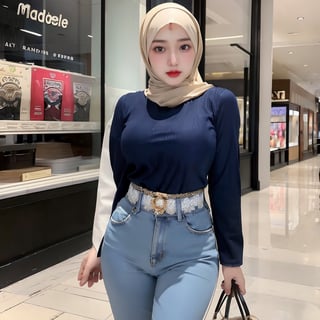 Masterpiece, Extremely realistic, women, walking inside mall, detailed face, medium breasts, wider hips, blouse, hijab, colorful hijab, pants, jeans pants, (detailed background), fine detailed, intricate detail, ray tracing, depth of field, doll, hijab indonesia,