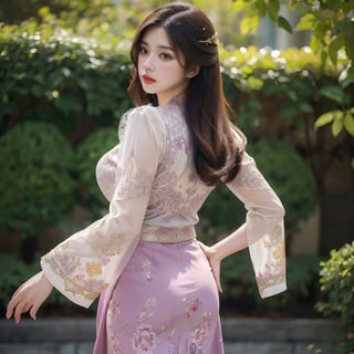 Masterpiece, Extremely realistic, women, walking at garden, (show back), medium wavy hair, layered hairstyle, detailed face, medium breasts, wider hips, ((kebaya, colorful kebaya)), (detailed background), fine detailed, intricate detail, ray tracing, depth of field, doll,
