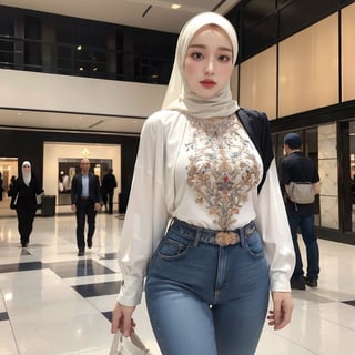 Masterpiece, Extremely realistic, women, walking inside mall, detailed face, medium breasts, wider hips, blouse, (hijab, colorful hijab), pants, jeans pants, (detailed background), fine detailed, intricate detail, ray tracing, depth of field, doll,