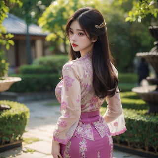 Masterpiece, Extremely realistic, women, walking at garden, (show back), medium wavy hair, layered hairstyle, detailed face, medium breasts, wider hips, ((kebaya, colorful kebaya)), (detailed background), fine detailed, intricate detail, ray tracing, depth of field, doll,