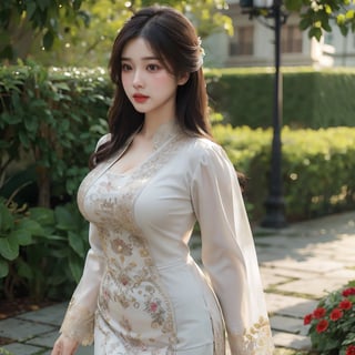 Masterpiece, Extremely realistic, women, walking at garden, medium wavy hair, layered hairstyle, detailed face, medium breasts, wider hips, ((kebaya)), (detailed background), fine detailed, intricate detail, ray tracing, depth of field, doll,