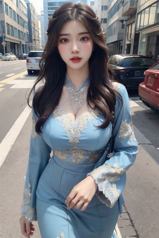 Masterpiece, Extremely realistic, women, walking on the street, medium wavy hair, layered hairstyle, detailed face, medium breasts, wider hips, wearing kebaya, detailed background, fine detailed, intricate detail, ray tracing, depth of field, doll,