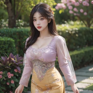 Masterpiece, Extremely realistic, women, walking at garden, medium wavy hair, layered hairstyle, detailed face, medium breasts, wider hips, ((kebaya, colorful kebaya)), (detailed background), fine detailed, intricate detail, ray tracing, depth of field, doll,