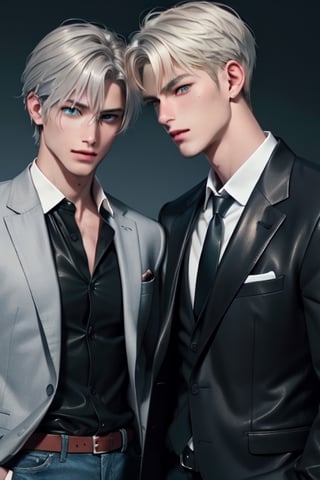 2 men, standing facing each other. They are enemies. A tall, handsome, statuesque, courageous young man is platinum blond, he has tanned skin, long straight platinum hair, blue eyes, he is dressed in an suit, he is facing another young man, he has long straight platinum hair, long bangs, green eyes, he is dressed in a leather jacket, jeans. Masterpiece, detailed study of the face, beautiful face, beautiful facial features, perfect image, realistic shots, detailed study of faces, full-length image, 8k, detailed image. an extremely detailed illustration, a real masterpiece of the highest quality, with careful drawing.  grey hair, green eyes, long hair, low ponytail yaten