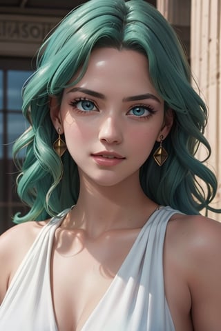 An incredibly beautiful young femme fatale with aquamarine eyes, long curly aquamarine hair, dressed in a long ancient Greek chiton. Masterpiece, perfect image, realistic shots, detailed study of faces, full-length image, 8k, detailed image. extremely detailed illustration, a real masterpiece of the highest quality, with careful drawing. Full-length image. greek clothes.,sailor neptune, mature woman