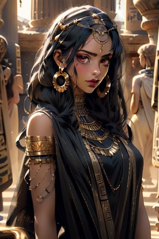 An incredibly beautiful young femme fatale with garnet eyes, long straight black and green hair, one bunch of hair on top of the head. dressed in a long ancient Greek chiton. Masterpiece, perfect image, realistic shots, detailed study of faces, full-length image, 8k, detailed image. extremely detailed illustration, a real masterpiece of the highest quality, with careful drawing. Full-length image. greek clothes., mature woman, pluto, meiou setsuna, egypt, egyptian,sailor pluto