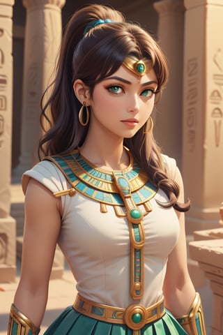 An incredibly beautiful young femme fatale with green eyes, curly chocolate hair pulled back in a ponytail, dressed in long ancient Egyptian clothes. Masterpiece, perfect image, realistic shots, detailed study of faces, full-length image, 8k, detailed image. extremely detailed illustration, a real masterpiece of the highest quality, with careful drawing. Full-length image. greek clothes. sailor jupiter. mature woman, egypt, egyptian, mature woman, ancient egyptian clothes,smjupiter,sailor jupiter