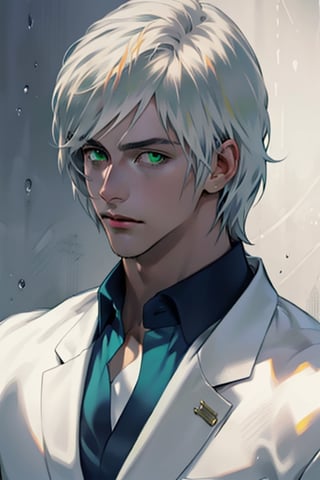 A handsome young man is platinum blond, he has long straight platinum hair, green eyes, he is dressed in a white suit and a blue shirt. Masterpiece, perfect image, realistic image, detailed study of faces, full-length image, 8k, detailed image, extremely detailed illustration, a real masterpiece of the highest quality, with careful drawing.,yaten