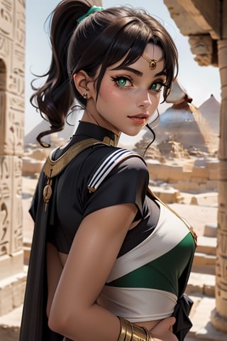 An incredibly beautiful young femme fatale with green eyes, curly chocolate hair pulled back in a ponytail, dressed in long ancient Egyptian clothes. Masterpiece, perfect image, realistic shots, detailed study of faces, full-length image, 8k, detailed image. extremely detailed illustration, a real masterpiece of the highest quality, with careful drawing. Full-length image. greek clothes. sailor jupiter. mature woman, egypt, egyptian, mature woman, ancient egyptian clothes,smjupiter,sailor jupiter,EPsmSailorJupiter