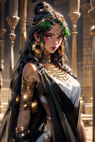 An incredibly beautiful young femme fatale with garnet eyes, long straight black and green hair, one bunch of hair on top of the head. dressed in a long ancient Greek chiton. Masterpiece, perfect image, realistic shots, detailed study of faces, full-length image, 8k, detailed image. extremely detailed illustration, a real masterpiece of the highest quality, with careful drawing. Full-length image. greek clothes., mature woman, pluto, meiou setsuna, egypt, egyptian,sailor pluto