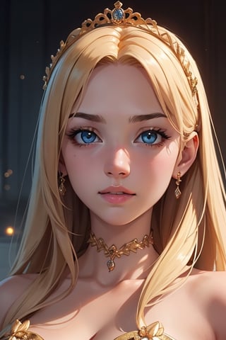 An incredibly beautiful young femme fatale, a slender girl with long golden hair, blue eyes, she is wearing a beautiful gold long dress, a luxurious tiara on her head, and she is the princess of the planet Venus. Masterpiece, detailed study of the face, beautiful face, beautiful facial features, perfect image, realistic shots, detailed study of faces, full-length image, 8k, detailed image. an extremely detailed illustration, a real masterpiece of the highest quality, with careful drawing.,sv1