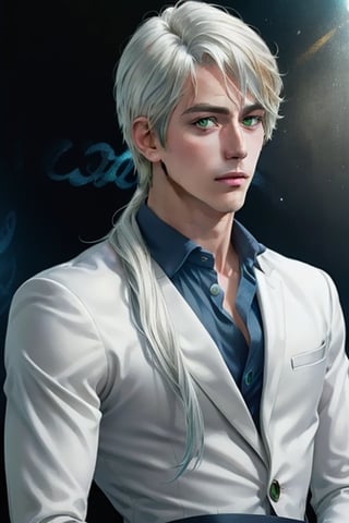 A handsome young man is platinum blond, he has long straight platinum hair, green eyes, he is dressed in a white suit and a blue shirt. Masterpiece, perfect image, realistic image, detailed study of faces, full-length image, 8k, detailed image, extremely detailed illustration, a real masterpiece of the highest quality, with careful drawing.,yaten,1man