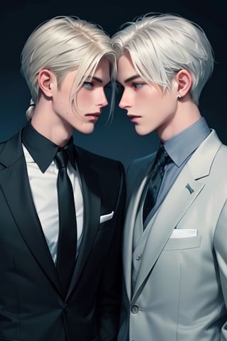 Two men are facing each other. A tall, handsome, statuesque, courageous young man is platinum blond, he has tanned skin, long straight platinum hair, blue eyes, he is dressed in an expensive suit, he is standing in front of another young man, thin, he has long straight platinum hair pulled back in a ponytail, long bangs, green eyes, he is dressed Rocker-style clothes. Different height. Masterpiece, detailed study of the face, beautiful face, beautiful facial features, perfect image, realistic shots, detailed study of faces, full-length image, 8k, detailed image. an extremely detailed illustration, a real masterpiece of the highest quality, with careful drawing. yaten