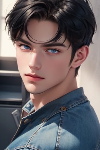 A tall, handsome, masculine young man with a strong build, black-haired brunette, long straight black hair, blue eyes. Low-rise jeans. The podium. Masterpiece, detailed study of the face, beautiful face, beautiful facial features, perfect image, realistic shots, detailed study of faces, full-length image, 8k, detailed image. an extremely detailed illustration, a real masterpiece of the highest quality, with careful drawing.,SailorStarFighter