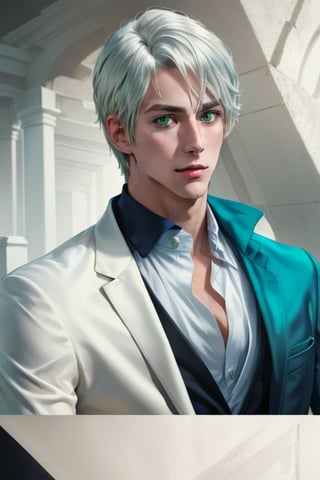 A handsome young man is platinum blond, he has long straight platinum hair, green eyes, he is dressed in a white suit and a blue shirt. Masterpiece, perfect image, realistic image, detailed study of faces, full-length image, 8k, detailed image, extremely detailed illustration, a real masterpiece of the highest quality, with careful drawing.,yaten,1man