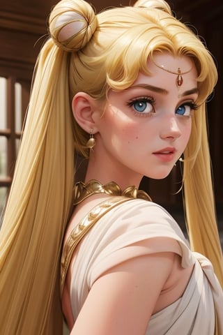 An incredibly beautiful young femme fatale is a golden-haired blonde with blue eyes, two bunches on her head and two long golden tails, dressed in an ancient Greek chiton. Masterpiece, perfect image, realistic shots, detailed study of faces, full-length image, 8k, detailed image. extremely detailed illustration, a real masterpiece of the highest quality, with careful drawing. Full-length image,greek clothes, aausagi, serena tsukino