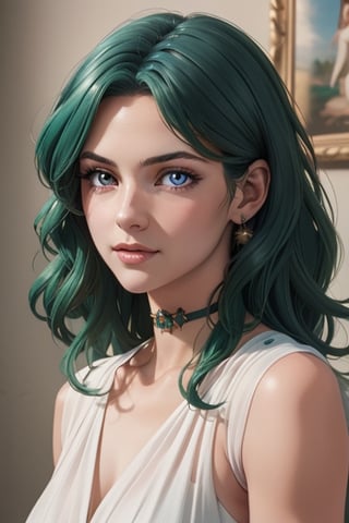 An incredibly beautiful young femme fatale with aquamarine eyes, long curly aquamarine hair, dressed in a long ancient Greek chiton. Masterpiece, perfect image, realistic shots, detailed study of faces, full-length image, 8k, detailed image. extremely detailed illustration, a real masterpiece of the highest quality, with careful drawing. Full-length image. greek clothes.,sailor neptune, mature woman