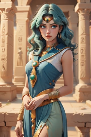 An incredibly beautiful young femme fatale with long curly aquamarine hair, aquamarine eyes, long curly aquamarine hair, dressed in a long ancient Greek chiton. Masterpiece, perfect image, realistic shots, detailed study of faces, full-length image, 8k, detailed image. extremely detailed illustration, a real masterpiece of the highest quality, with careful drawing. Full-length image. ,sailor neptune, mature woman, egypt, egyptian, mature woman,michiru,ancient egyptian clothes