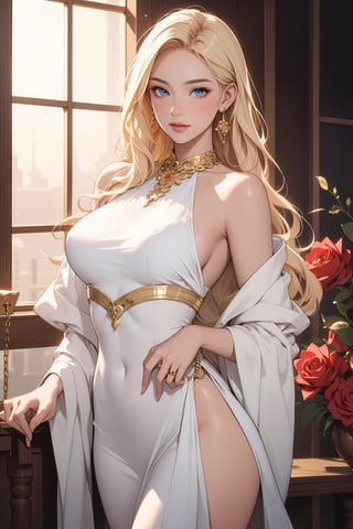 An incredibly beautiful femme fatale young woman, golden-haired blonde with blue eyes, long golden hair gathered in a high beautiful hairstyle, she is dressed in a beautiful luxurious white long dress in oriental style with open shoulders, which perfectly fits her slender beautiful figure, emphasizes a thin waist and rounded hips, deep neckline, long on a thin sparkling gold There is a jewelry chain around her neck, and long gold earrings in her ears. She holds a red rose in her hand, next to her stands a tall, statuesque, handsome, athletic young man, he is dressed in royal oriental white clothes, he has tanned skin, long straight white hair. They are in love with each other, they look at each other with love. They are happy. Masterpiece, perfect drawing, realistic drawing, detailed elaboration, 8k. full-length image, realistic image, detailed image. an extremely detailed illustration, a real masterpiece of the highest quality, with careful drawing.