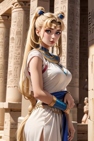 An incredibly beautiful young femme fatale is a golden-haired blonde with blue eyes, two bunches on her head and two long golden tails, dressed in an ancient Greek chiton. Masterpiece, perfect image, realistic shots, detailed study of faces, full-length image, 8k, detailed image. extremely detailed illustration, a real masterpiece of the highest quality, with careful drawing. Full-length image, aausagi,serena tsukino mature woman, egypt, egyptian, mature woman, ancient egyptian clothes, double bun, twintails