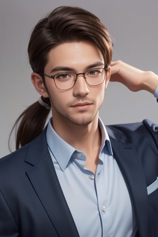 A tall, handsome, handsome young man with brown hair, he has long chocolate-colored hair gathered in a tight low ponytail on the back of his head and combed back, glasses, lilac eyes, he is dressed in a suit. Masterpiece, beautiful face, perfect image, realistic photos, 8k, detailed image, extremely detailed illustration, a real masterpiece of the highest quality, with careful drawing. SailorStarMaker, low ponytail on the back of the head, hair combed back., anime style