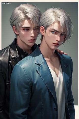2 men, standing facing each other. A tall, handsome, statuesque, courageous young man is platinum blond, he has tanned skin, long straight platinum hair, blue eyes, he is dressed in an suit, he is facing another young man, he has long straight platinum hair, long bangs, green eyes, he is dressed in a leather jacket, jeans. Masterpiece, detailed study of the face, beautiful face, beautiful facial features, perfect image, realistic shots, detailed study of faces, full-length image, 8k, detailed image. an extremely detailed illustration, a real masterpiece of the highest quality, with careful drawing. SailorStarHealer, grey hair, green eyes, long hair, low ponytail yaten