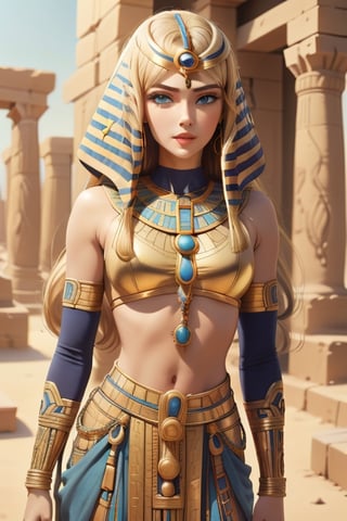 An incredibly beautiful young femme fatale is a golden-haired blonde with blue eyes, long golden hair and long bangs, dressed in long ancient Egyptian clothes. Masterpiece, perfect image, realistic shots, detailed study of faces, full-length image, 8k, detailed image. extremely detailed illustration, a real masterpiece of the highest quality, with careful drawing. Full-length image. mature woman, egypt, egyptian, mature woman,, ancient egyptian clothes,