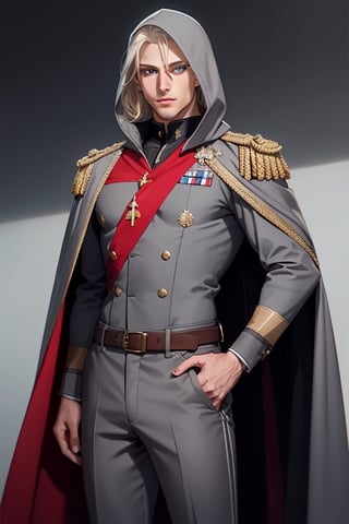 A tall, handsome, courageous, athletic young man, platinum blond with blue eyes, tanned skin, he has long straight platinum hair, he is dressed in a military uniform (gray uniform with a high stand-up collar, straight gray trousers, a cape without a hood is draped over his shoulders), a belt with a scabbard is attached to his belt, one hand rests on the hilt of the sword. Masterpiece, detailed study of the face, beautiful face, beautiful facial features, perfect image, realistic shots, detailed study of faces, full-length image, 8k, detailed image, extremely detailed illustration, a real masterpiece of the highest quality, with careful drawing.,1guy