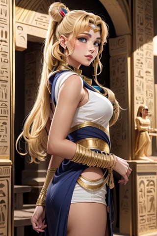 An incredibly beautiful young femme fatale is a golden-haired blonde with blue eyes, two bunches on her head and two long golden tails, dressed in an ancient Greek chiton. Masterpiece, perfect image, realistic shots, detailed study of faces, full-length image, 8k, detailed image. extremely detailed illustration, a real masterpiece of the highest quality, with careful drawing. Full-length image, aausagi,serena tsukino mature woman, egypt, egyptian, mature woman, ancient egyptian clothes, double bun