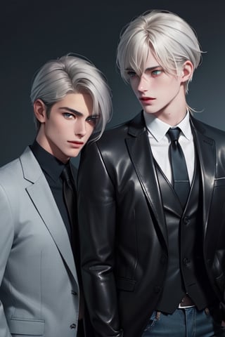 2 men, standing facing each other. They are enemies. A tall, handsome, statuesque, courageous young man is platinum blond, he has tanned skin, long straight platinum hair, blue eyes, he is dressed in an suit, he is facing another young man, he has long straight platinum hair, long bangs, green eyes, he is dressed in a leather jacket, jeans. Masterpiece, detailed study of the face, beautiful face, beautiful facial features, perfect image, realistic shots, detailed study of faces, full-length image, 8k, detailed image. an extremely detailed illustration, a real masterpiece of the highest quality, with careful drawing.  grey hair, green eyes, long hair, low ponytail yaten