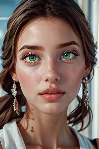 an incredibly beautiful young femme fatale with green eyes, she has a green and pink dress, long curly chocolate hair, gathered in a ponytail.  Masterpiece, detailed study of the face, beautiful face, beautiful facial features, perfect image, realistic shots, detailed study of faces, full-length image, 8k, detailed image, extremely detailed illustration, a real masterpiece of the highest quality, with careful drawing. ,masterpiece,WOWAI,belle