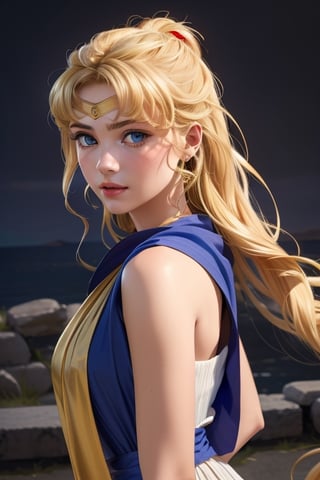 An incredibly beautiful young femme fatale is a golden-haired blonde with blue eyes, two bunches on her head and two long golden tails, dressed in an ancient Greek chiton. Masterpiece, perfect image, realistic shots, detailed study of faces, full-length image, 8k, detailed image. extremely detailed illustration, a real masterpiece of the highest quality, with careful drawing. Full-length image,greek clothes,aausagi