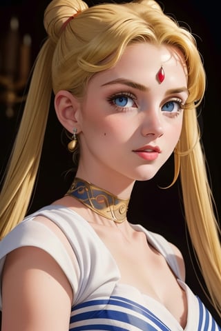 An incredibly beautiful young femme fatale is a golden-haired blonde with blue eyes, two bunches on her head and two long golden tails, dressed in an ancient Greek chiton. Masterpiece, perfect image, realistic shots, detailed study of faces, full-length image, 8k, detailed image. extremely detailed illustration, a real masterpiece of the highest quality, with careful drawing. Full-length image,greek clothes, aausagi,serena tsukino