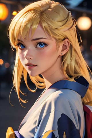 An incredibly beautiful young femme fatale is a golden-haired blonde with long hair and blue eyes, dressed in traditional kimono. Masterpiece, perfect image, realistic shots, detailed study of the face, full-length image, 8k, detailed image. extremely detailed illustration, a real masterpiece of the highest quality, with careful drawing.,1woman,blonde hair,blue eyes, sailor Venus sv1,sv1,kimono