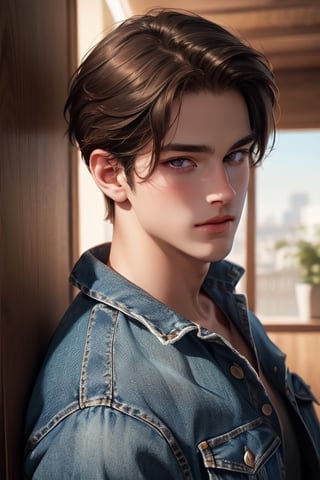 A tall, handsome, courageous young man with a strong build, brown hair, long brown hair, violet eyes. Low-rise jeans. The podium. Masterpiece, detailed study of the face, beautiful face, beautiful facial features, perfect image, realistic shots, detailed study of faces, full-length image, 8k, detailed image. an extremely detailed illustration, a real masterpiece of the highest quality, with careful drawing.,SailorStarMaker