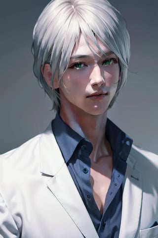 A handsome young man is platinum blond, he has long straight platinum hair, green eyes, he is dressed in a white suit and a blue shirt. Masterpiece, perfect image, realistic image, detailed study of faces, full-length image, 8k, detailed image, extremely detailed illustration, a real masterpiece of the highest quality, with careful drawing.,yaten,1man