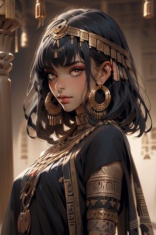 An incredibly beautiful young femme fatale with garnet eyes, long straight black and green hair, one bunch of hair on top of the head. dressed in a long ancient Greek chiton. Masterpiece, perfect image, realistic shots, detailed study of faces, full-length image, 8k, detailed image. extremely detailed illustration, a real masterpiece of the highest quality, with careful drawing. Full-length image. greek clothes., mature woman, pluto, meiou setsuna, egypt, egyptian