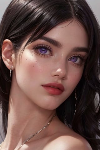 An incredibly beautiful young femme fatale is a brunette with purple eyes, she has a red dress, long straight black hair, long bangs.  Masterpiece, detailed study of the face, beautiful face, beautiful facial features, perfect image, realistic shots, detailed study of faces, full-length image, 8k, detailed image, extremely detailed illustration, a real masterpiece of the highest quality, with careful drawing. masterpiece, WOWAI, belle (PnMakeEnh),Black haired beauty