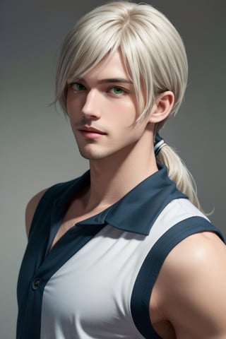 A tall, handsome, statuesque young man is platinum blond, he has long platinum hair gathered in a tight low ponytail at the back of his head, long bangs, green eyes, he is dressed in rocker clothes. Masterpiece, beautiful face, perfect image, realistic photos, 8k, detailed image, extremely detailed illustration, a real masterpiece of the highest quality, with careful drawing.  low ponytail on the back of the head, anime style,SailorStarHealer,yaten, 1 boy