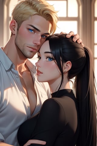 A couple, 1 male (A tall, handsome young man with black hair, blue eyes, long black hair gathered in a tight ponytail at the back of his head) hugs a very beautiful young femme fatale 1 female (blonde with very short wheat-colored hair). They're in love. Masterpiece, detailed study of the face, beautiful face, beautiful facial features, perfect image, realistic shots, detailed study of faces, full-length image, 8k, detailed image. an extremely detailed illustration, a real masterpiece of the highest quality, with careful drawing.