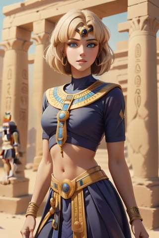 An incredibly beautiful young femme fatale blonde, with blue eyes, short wheat-colored hair, dressed in in long ancient Egyptian clothes. Masterpiece, perfect image, realistic shots, detailed study of faces, full-length image, 8k, detailed image. extremely detailed illustration, a real masterpiece of the highest quality, with careful drawing. Full-length image.  mature woman, egypt, egyptian, mature woman,, ancient egyptian clothes,sailor uranus