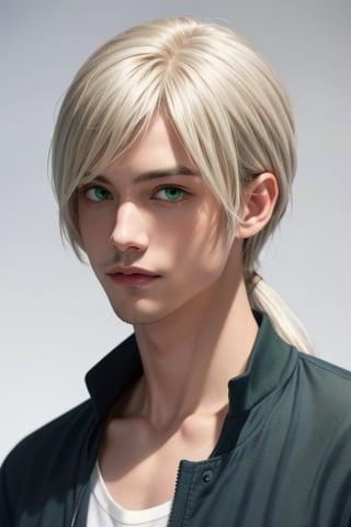 A tall, handsome, statuesque young man is platinum blond, he has long platinum hair gathered in a tight low ponytail at the back of his head, long bangs, green eyes, he is dressed in rocker clothes. Masterpiece, beautiful face, perfect image, realistic photos, 8k, detailed image, extremely detailed illustration, a real masterpiece of the highest quality, with careful drawing.  low ponytail on the back of the head, anime style,SailorStarHealer,yaten